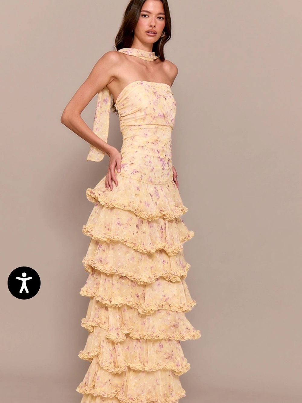 NWT Strapless Yellow Floral Tiered Ruffle Maxi Dress with Neck Scarf - Picture 1 of 6